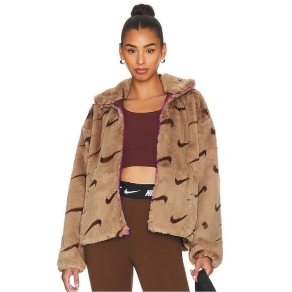 Nike Sportswear Plush Printed Faux Fur Jacket in Dk Driftwood Cacao Purple - Picture 1 of 11